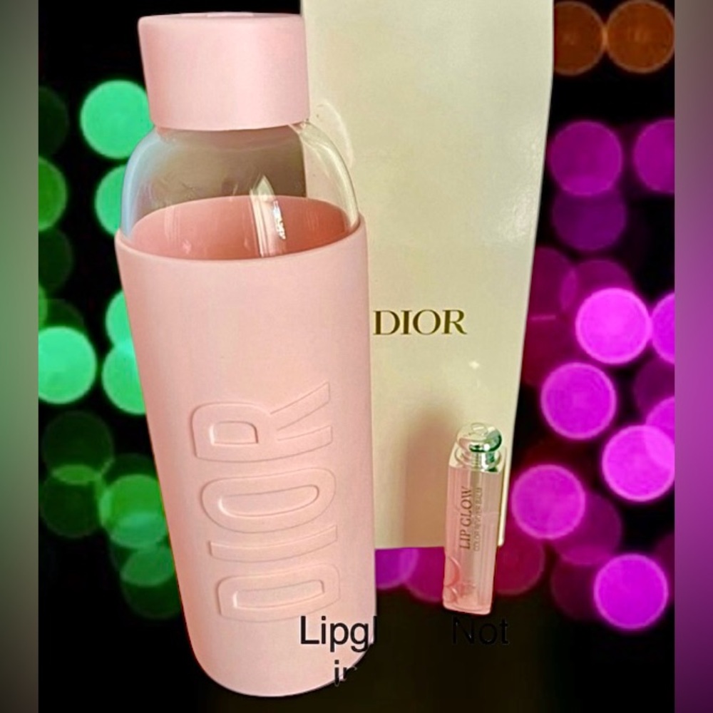 2 Pc Dior Glass Gourde Flask with Pink Sleeve NIB VIP & LipGlow Pink 001